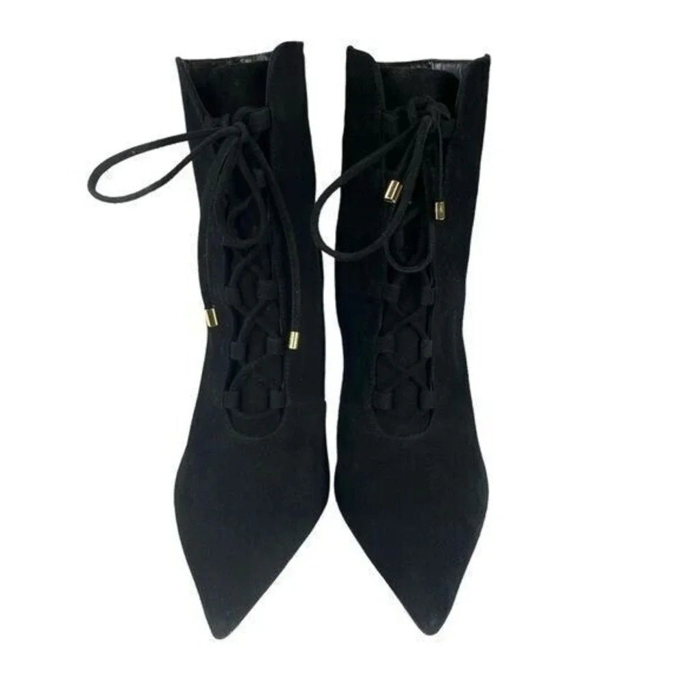 Good American Women 7 Black Suede Lace-Up Stiletto Ankle Bootie Modern Goth Chic